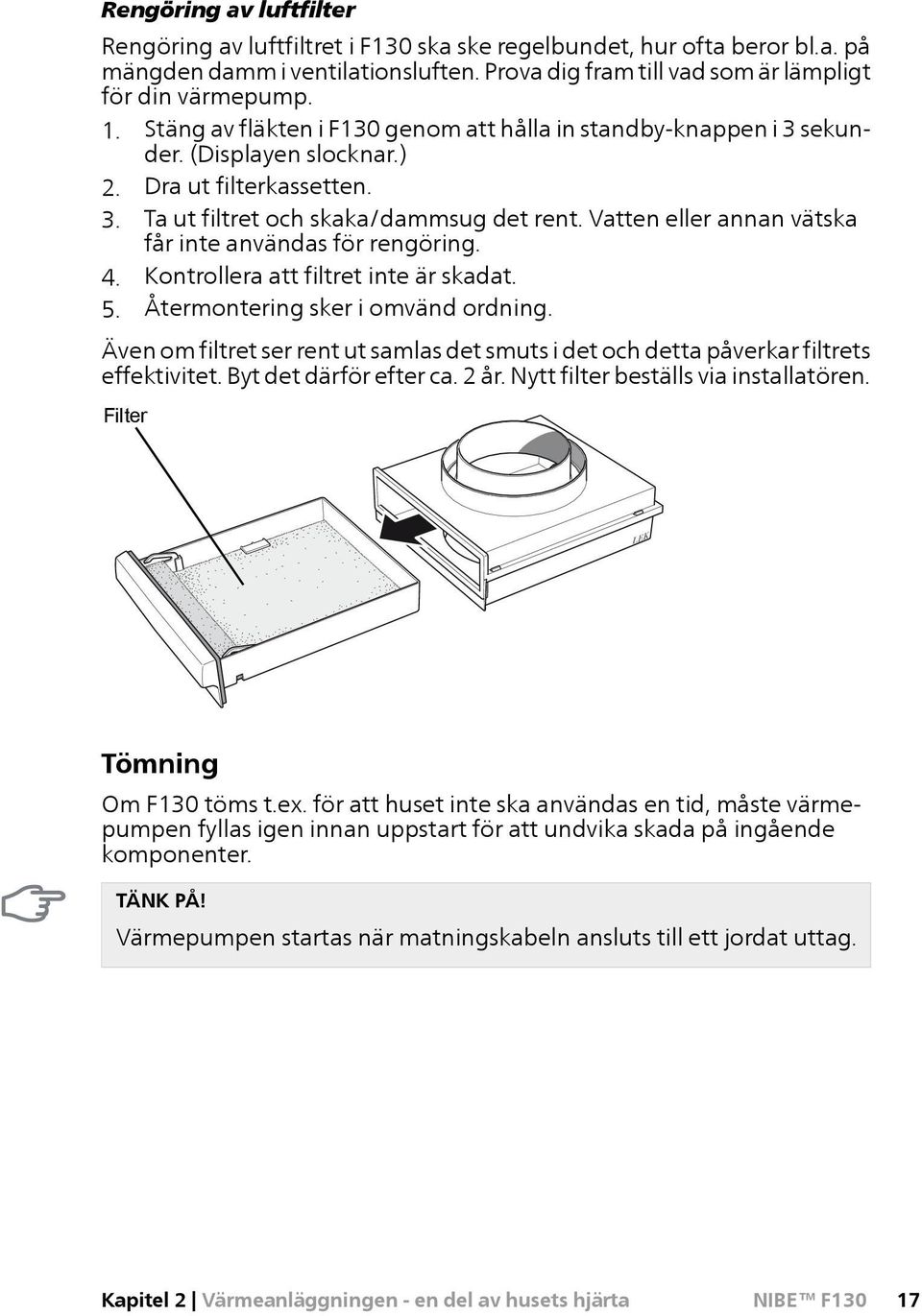 Vatten eller annan vätska får inte användas för rengöring. 4. Kontrollera att filtret inte är skadat. 5. Återmontering sker i omvänd ordning.