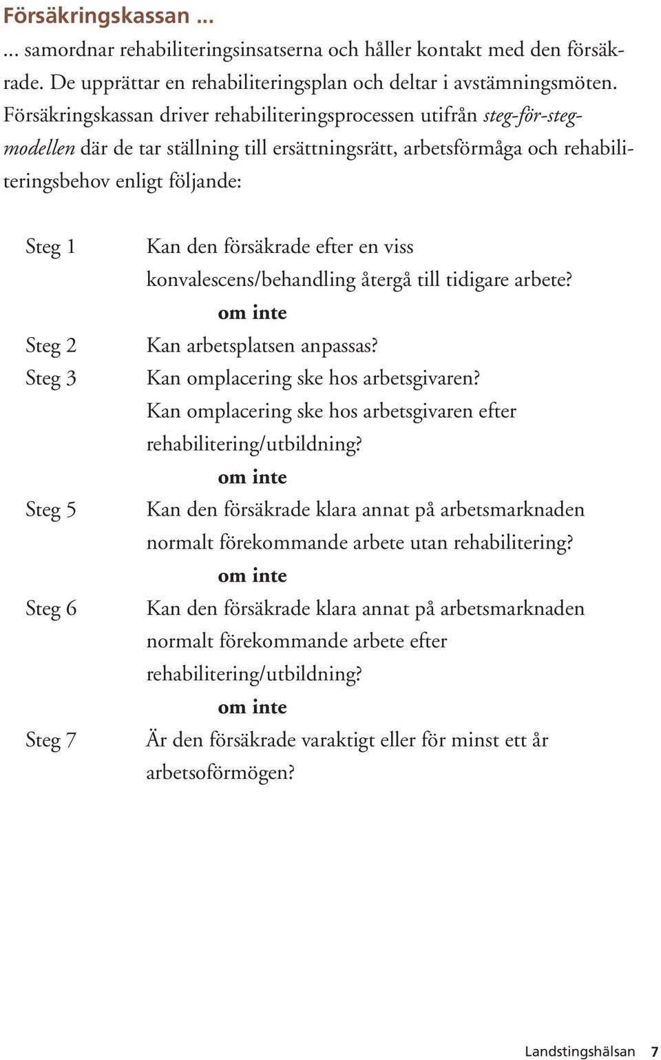 Steg 5 Steg 6 Steg 7 Kan den försäkrade efter en viss konvalescens/behandling återgå till tidigare arbete? om inte Kan arbetsplatsen anpassas? Kan omplacering ske hos arbetsgivaren?