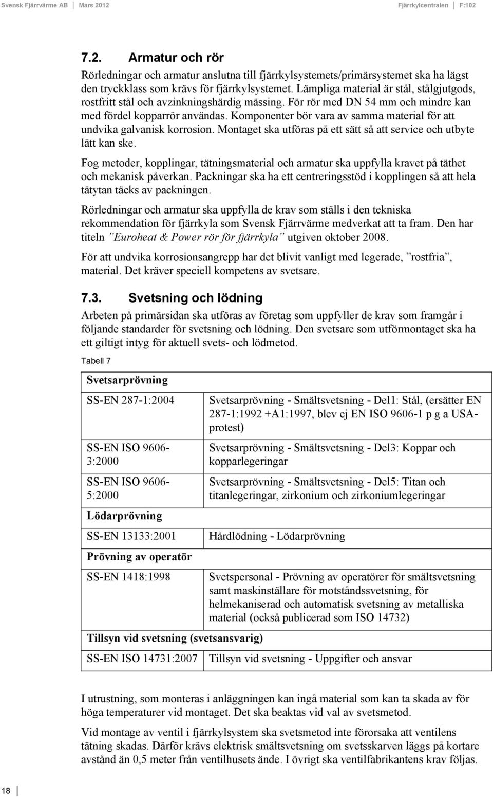Komponenter bör vara av samma material för att undvika galvanisk korrosion. Montaget ska utföras på ett sätt så att service och utbyte lätt kan ske.