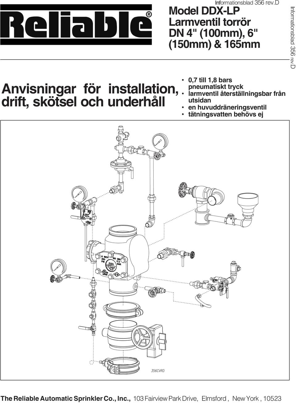 drift, skötsel och underhåll 0,7 till,8 bars pneumatiskt tryck larmventil återställningsbar från