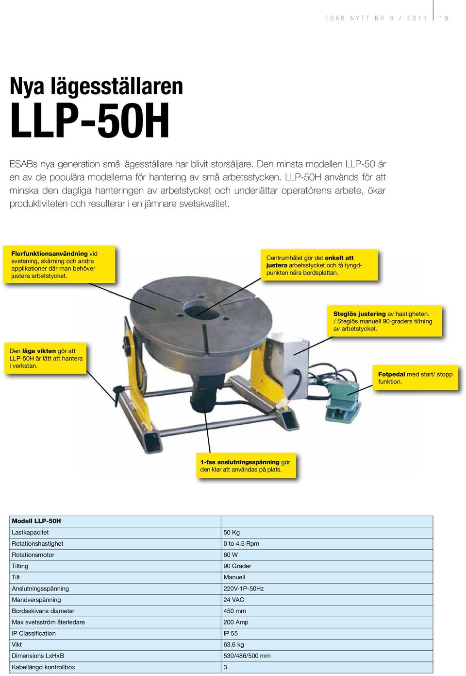 LLP-50H används för att minska den dagliga hanteringen av arbetstycket och underlättar operatörens arbete, ökar produktiviteten och resulterar i en jämnare svetskvalitet.