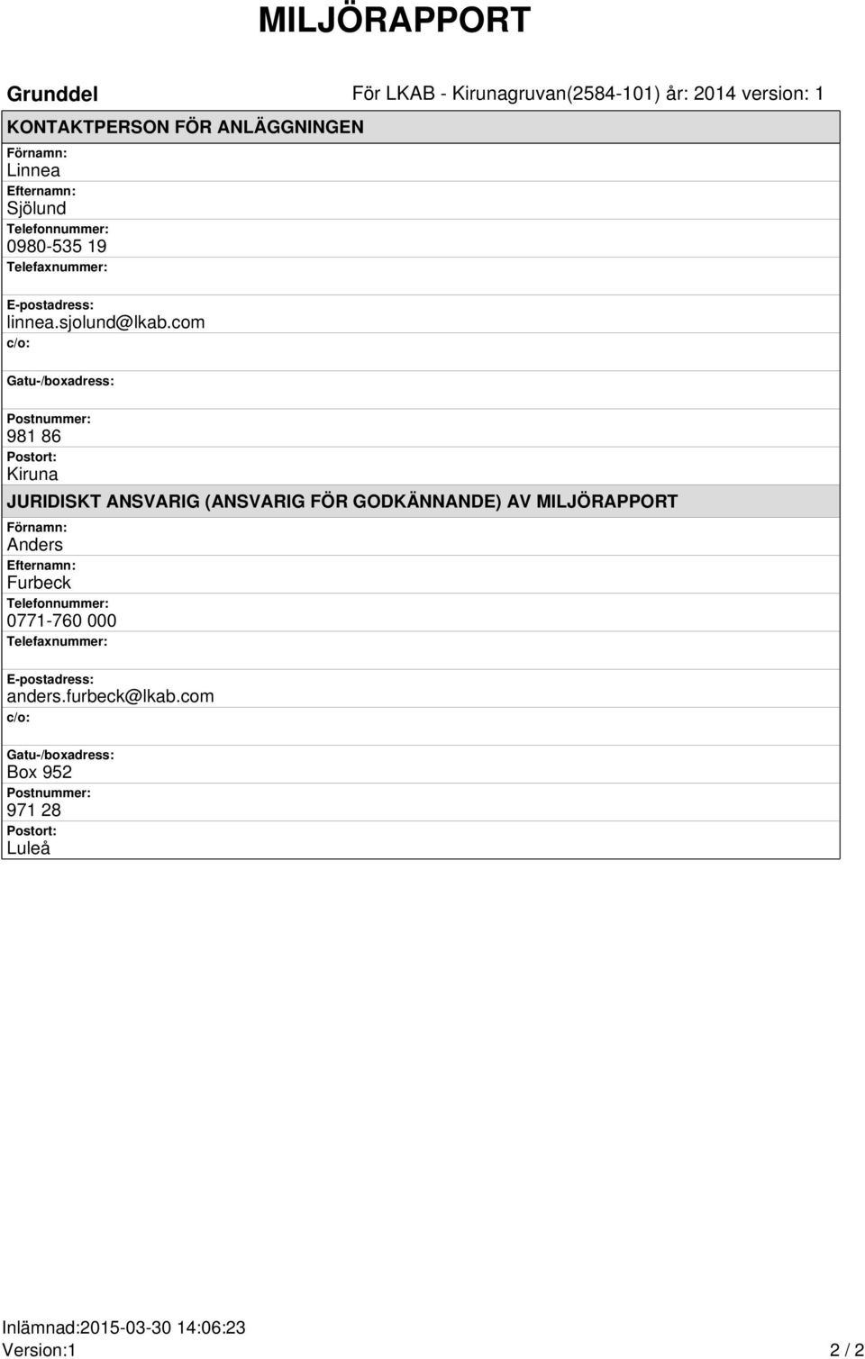 com c/o: Gatu-/boxadress: Postnummer: 981 86 Postort: Kiruna JURIDISKT ANSVARIG (ANSVARIG FÖR GODKÄNNANDE) AV MILJÖRAPPORT Förnamn: Anders