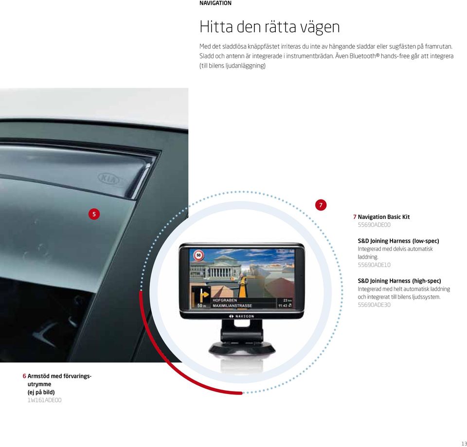 Även Bluetooth hands-free går att integrera (till bilens ljudanläggning) 5 7 7 Navigation Basic Kit 55690ADE00 S&D Joining Harness