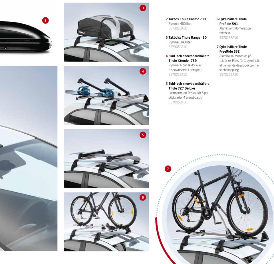 55700SBA10 6 Cykelhållare Thule ProRide 591 Aluminium. Monteras på takräcke. 55701SBA10 7 Cykelhållare Thule FreeRide 532 Aluminium.