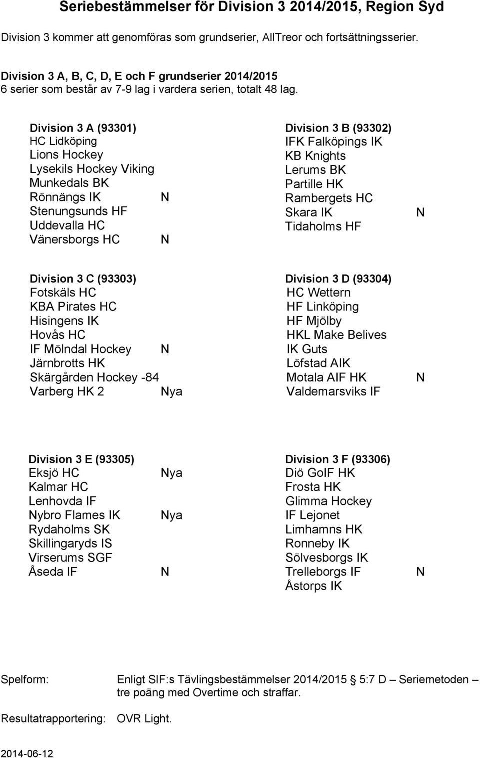 Division 3 A (93301) HC Lidköping Lions Hockey Lysekils Hockey Viking Munkedals BK Rönnängs IK Stenungsunds HF Uddevalla HC Vänersborgs HC Division 3 B (93302) IFK Falköpings IK KB Knights Lerums BK