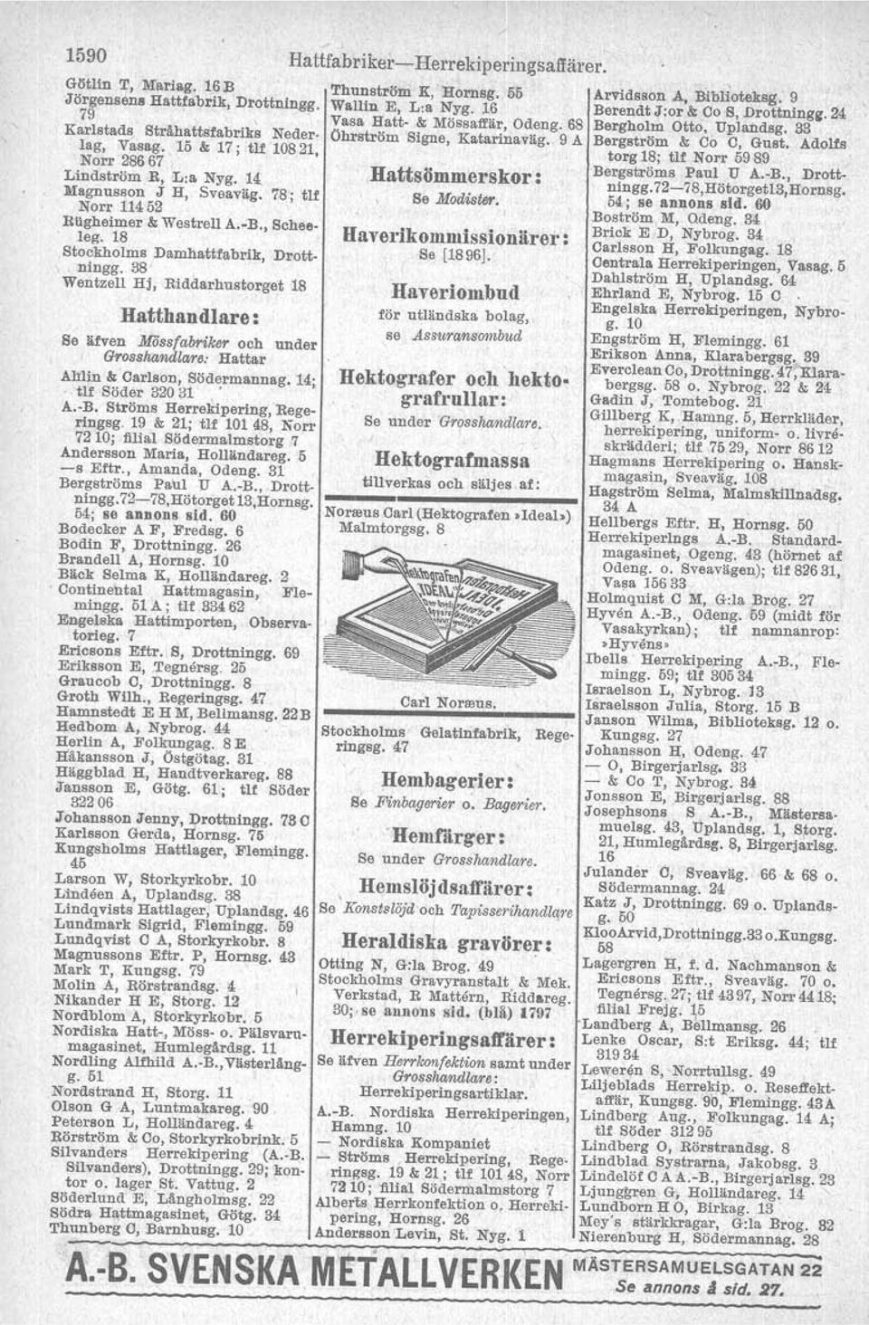55 Wallin E, L:a Nyg. 16 Vasa Hatt & Mössaffär, Odeng. 68 Öhrström Signe, Katarinaväg. 9 A Hattsömmerskor: Se Modistsr. Haverikommissionärer: Se [1896J.