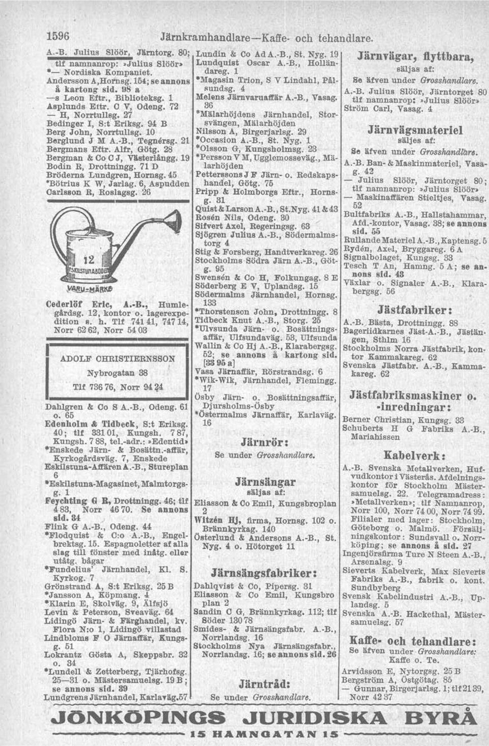 Julius Slöör, Järntorget 80 -s Leon Ettr., Biblioteksg. 1 Melens Järnvaruaffär A.-B., Vasag. tlf namnanropt.julius Slöör> Asplunds Ertr. O V, Odeng. 72 36 Ström Carl, Vasag. 4 - H, Norrtullsg.