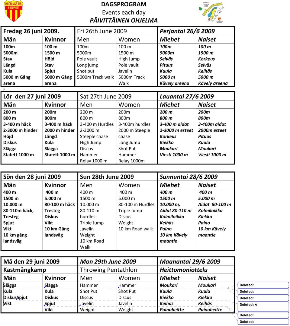 areena Korkeus Seiväs 5000 m Kävely areena s Lör den 27 juni 2009 Sat 27th June 2009 Lauantai 27/6 2009 3- häck 2-3000 m hinder Höjd Stafett 1000 m 3- häck 2000 m hinder Längd Stafett 1000 m 3-