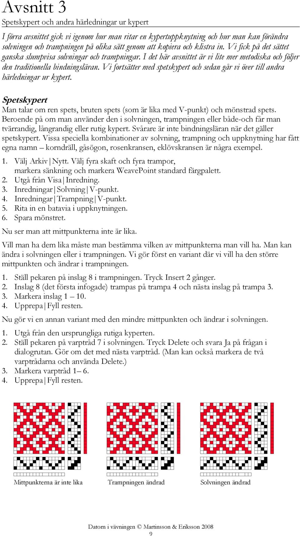 Vi fortsätter med spetskypert och sedan går vi över till andra härledningar ur kypert. Spetskypert Man talar om ren spets, bruten spets (som är lika med V-punkt) och mönstrad spets.