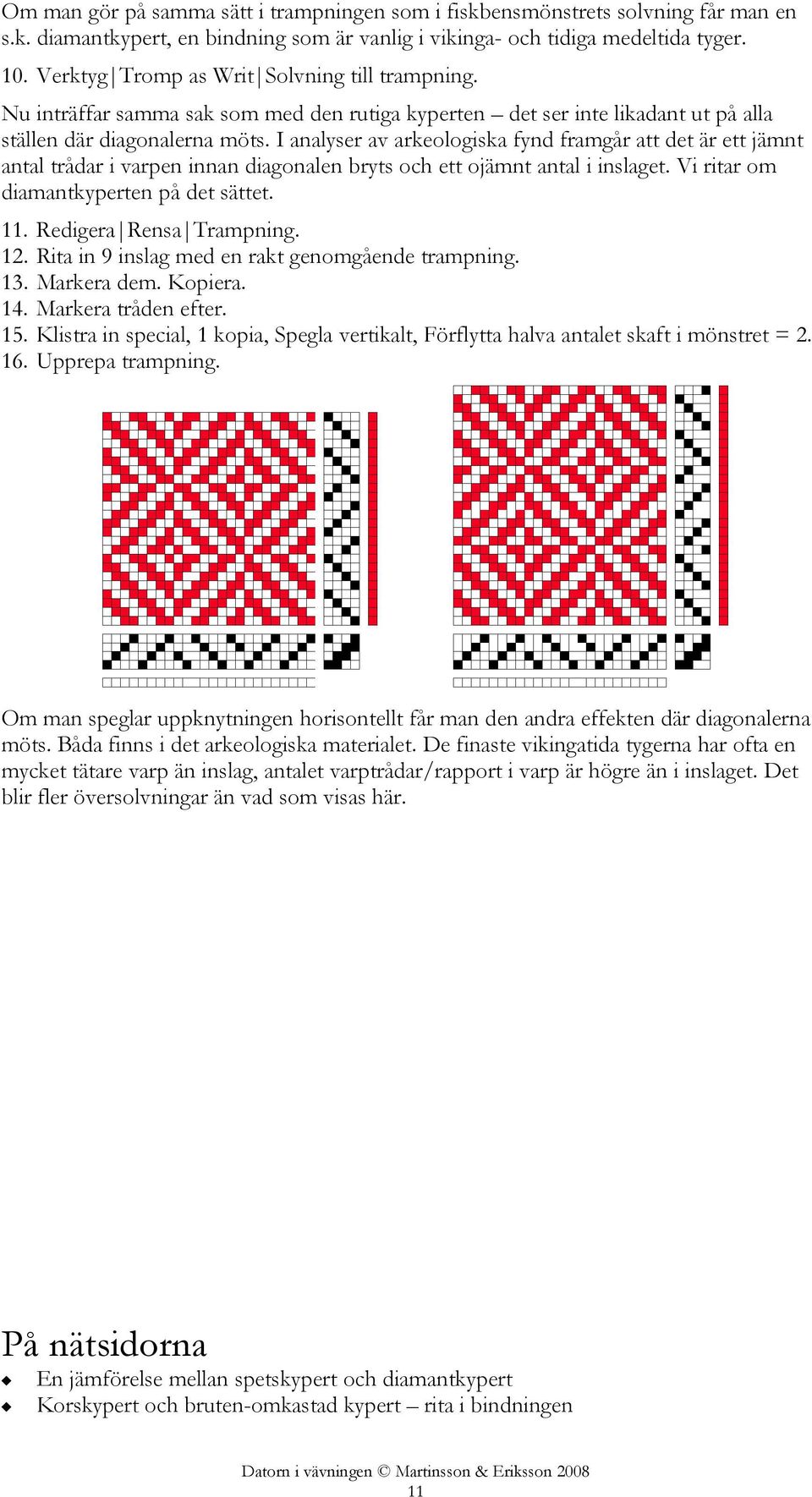 I analyser av arkeologiska fynd framgår att det är ett jämnt antal trådar i varpen innan diagonalen bryts och ett ojämnt antal i inslaget. Vi ritar om diamantkyperten på det sättet. 11.