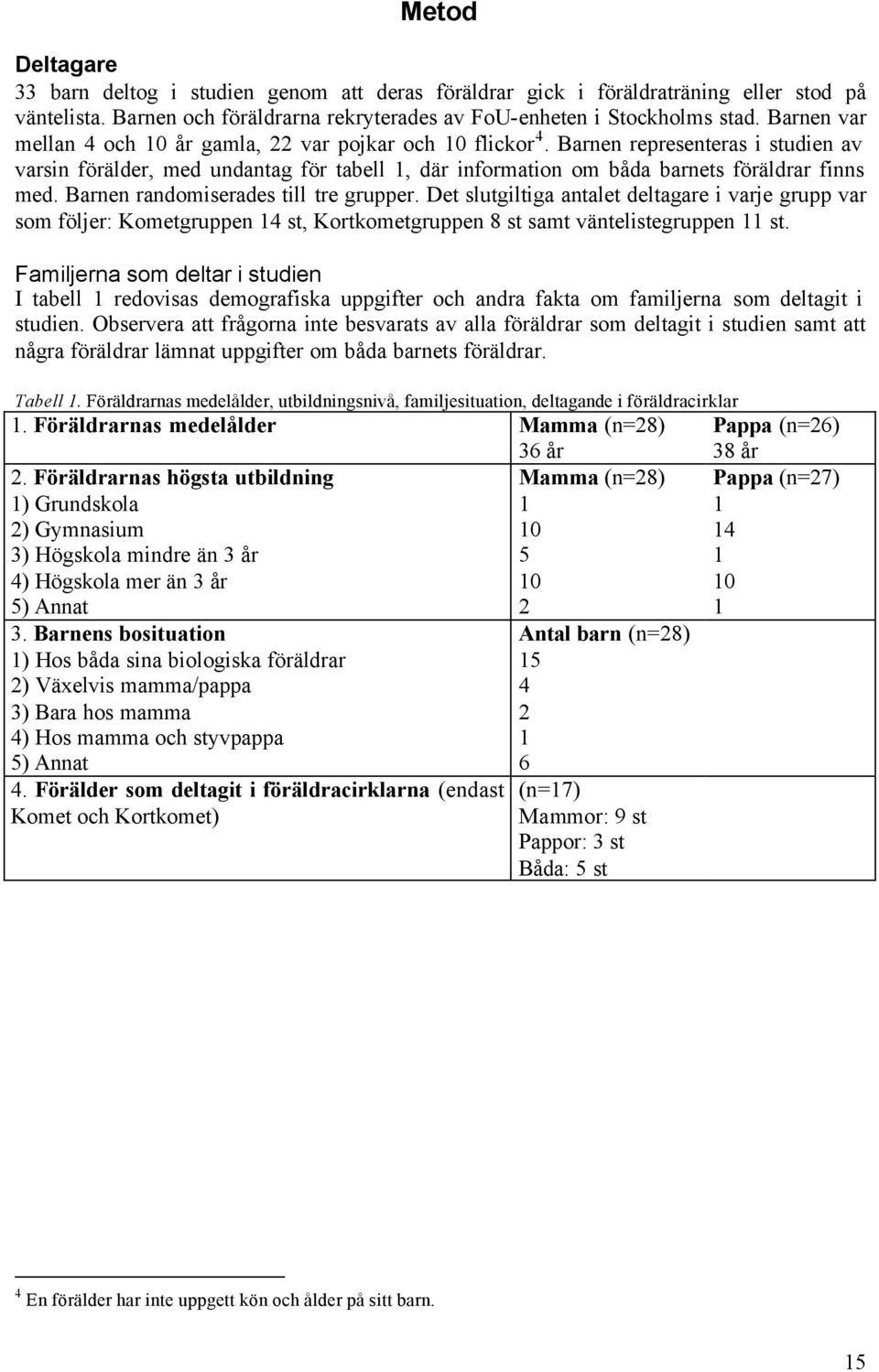 Barnen randomiserades till tre grupper. Det slutgiltiga antalet deltagare i varje grupp var som följer: Kometgruppen 14 st, Kortkometgruppen 8 st samt väntelistegruppen 11 st.
