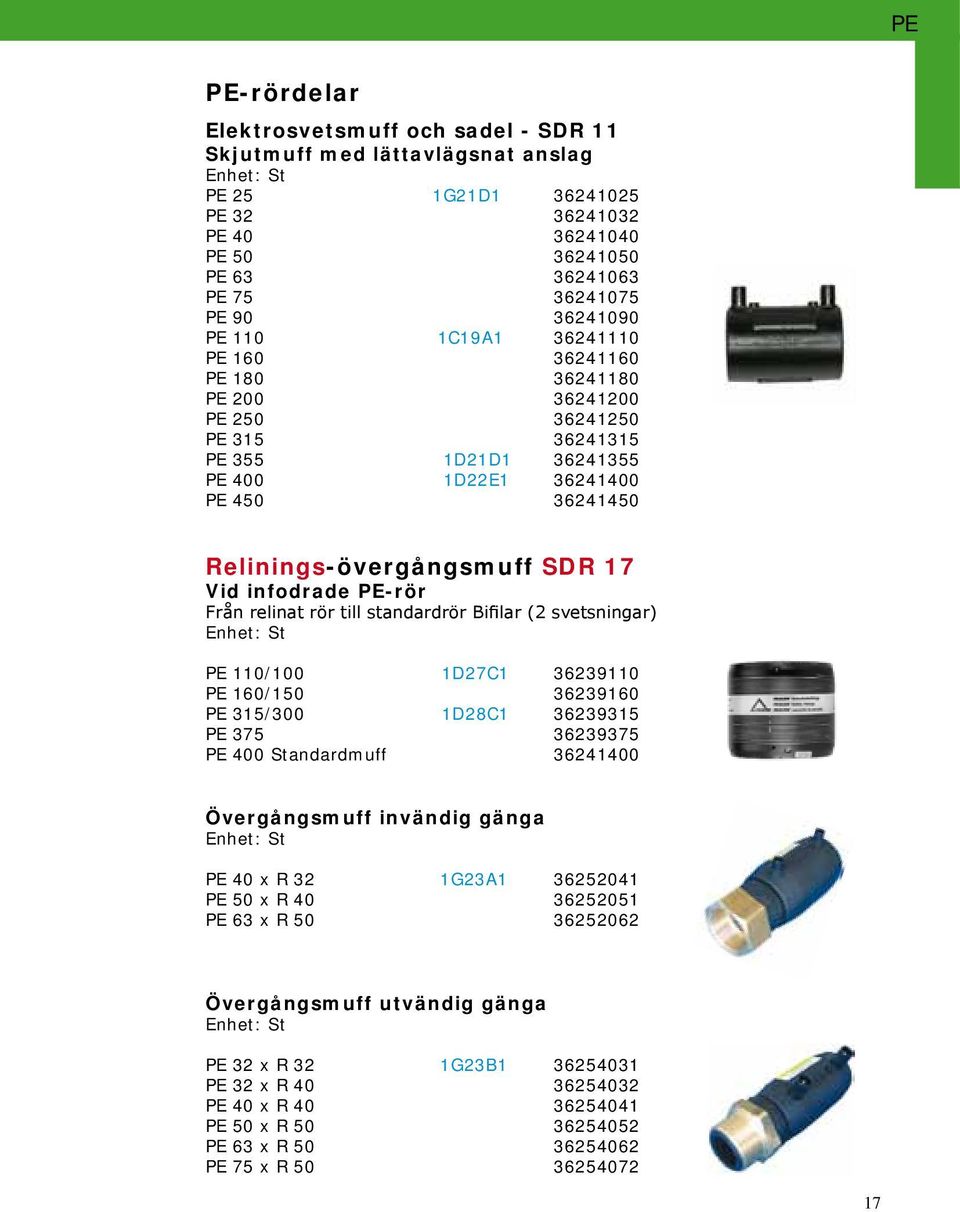 infodrade PE-rör Från relinat rör till standardrör Bifilar (2 svetsningar) PE 110/100 1D27C1 36239110 PE 160/150 36239160 PE 315/300 1D28C1 36239315 PE 375 36239375 PE 400 Standardmuff 36241400