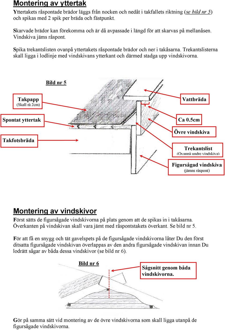 Trekantslisterna skall ligga i lodlinje med vindskivans ytterkant och därmed stadga upp vindskivorna. Bild nr 5 Takpapp (Skall rå 2cm) Vattbräda Spontat yttertak Takfotsbräda Ca 0.