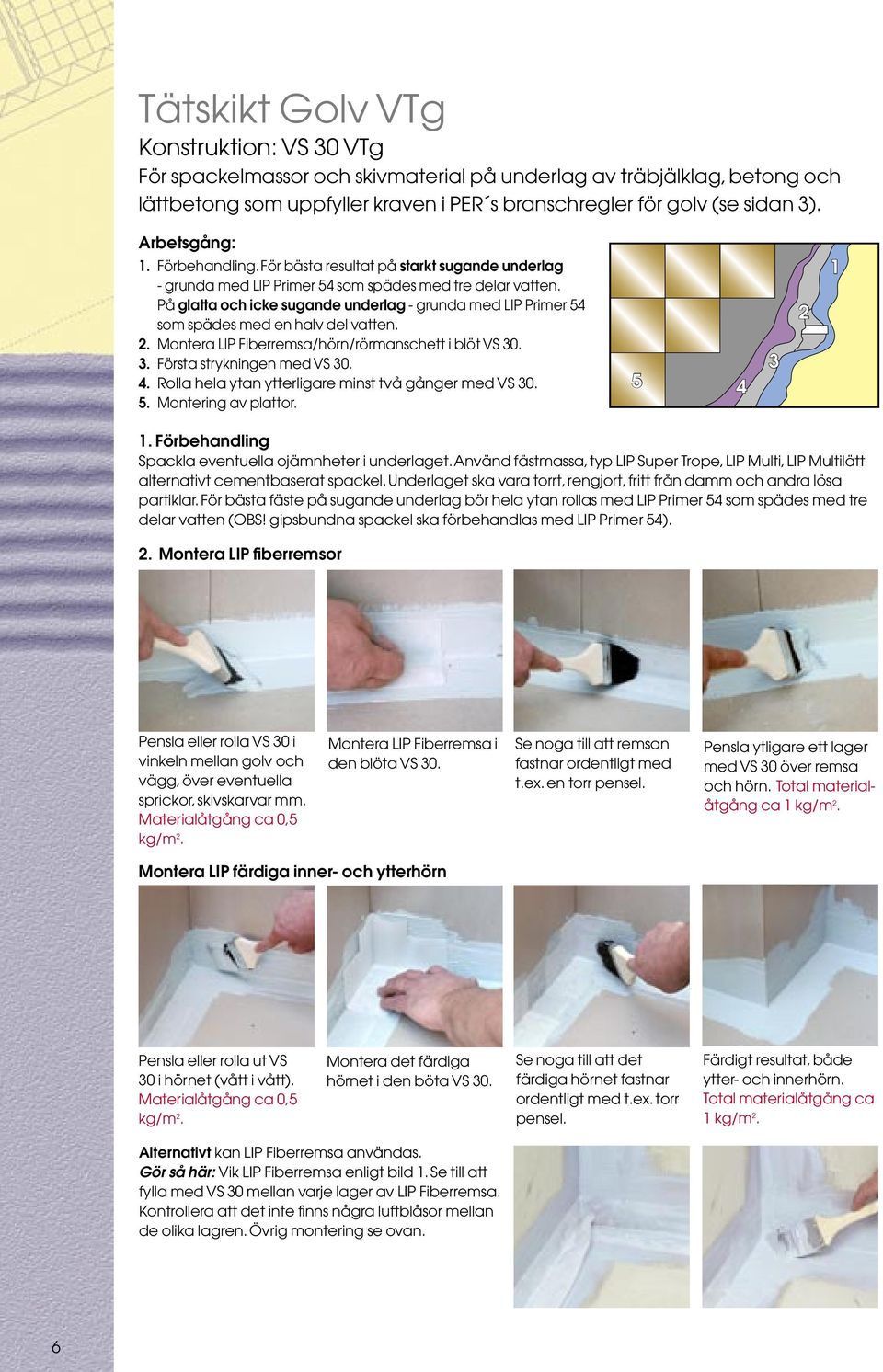 På glatta och icke sugande underlag - grunda med LIP Primer som spädes med en halv del vatten.. Montera LIP Fiberremsa/hörn/rörmanschett i blöt VS 0.. Första strykningen med VS 0.