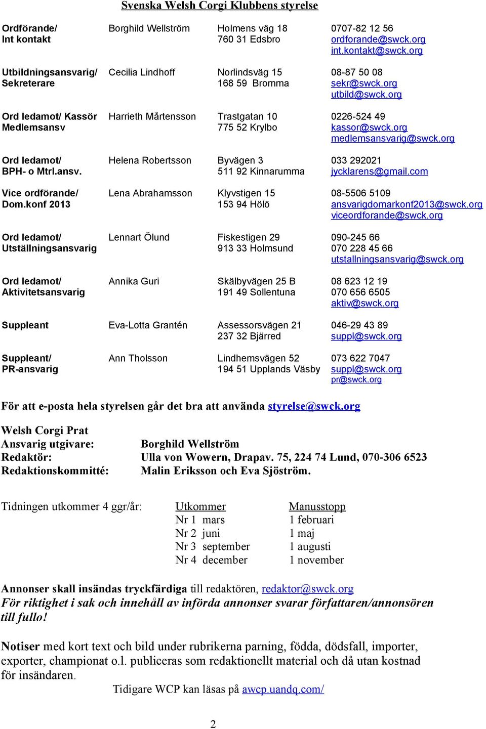 org Ord ledamot/ Kassör Medlemsansv Harrieth Mårtensson Trastgatan 10 775 52 Krylbo 0226-524 49 kassor@swck.org medlemsansvarig@swck.org Ord ledamot/ BPH- o Mtrl.ansv. Helena Robertsson Byvägen 3 511 92 Kinnarumma 033 292021 jycklarens@gmail.