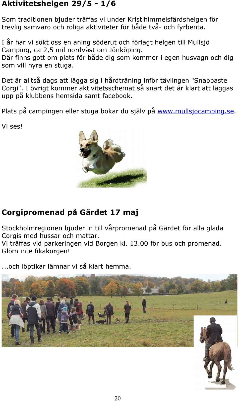 Där finns gott om plats för både dig som kommer i egen husvagn och dig som vill hyra en stuga. Det är alltså dags att lägga sig i hårdträning inför tävlingen "Snabbaste Corgi".