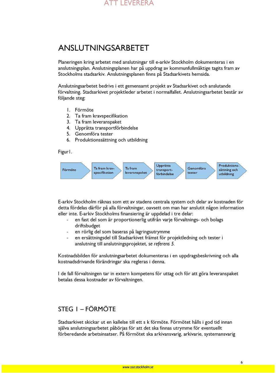 Anslutningsarbetet bedrivs i ett gemensamt projekt av Stadsarkivet och anslutande förvaltning. Stadsarkivet projektleder arbetet i normalfallet. Anslutningsarbetet består av följande steg: Figur1. 1.