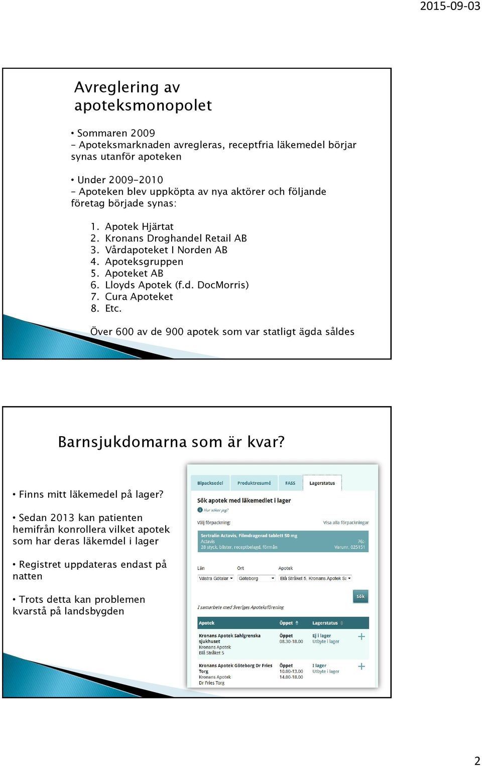 Lloyds Apotek (f.d. DocMorris) 7. Cura Apoteket 8. Etc. Över 600 av de 900 apotek som var statligt ägda såldes Barnsjukdomarna som är kvar? Finns mitt läkemedel på lager?