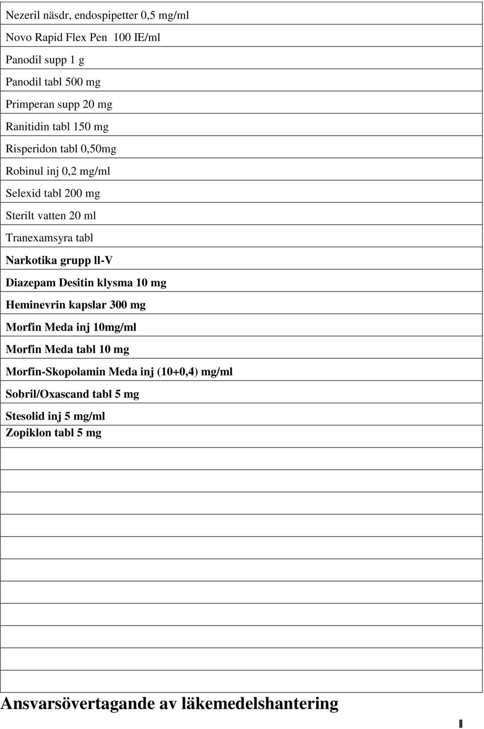 Narkotika grupp ll-v Diazepam Desitin klysma 10 mg Heminevrin kapslar 300 mg Morfin Meda inj 10mg/ml Morfin Meda tabl 10 mg