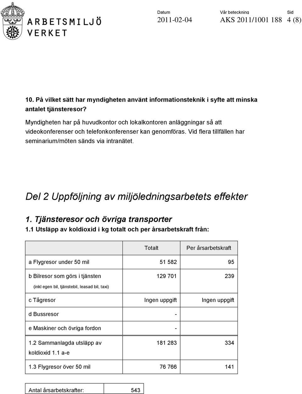 Del 2 Uppföljning av miljöledningsarbetets effekter 1. Tjänsteresor och övriga transporter 1.