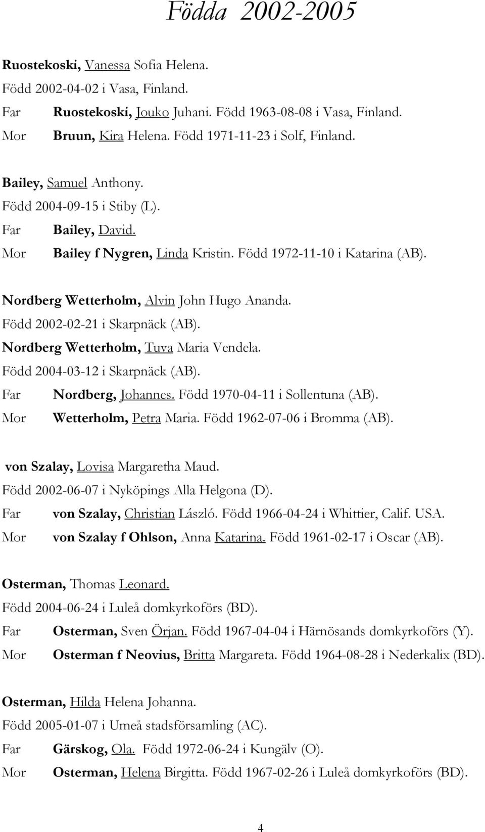 Nordberg Wetterholm, Alvin John Hugo Ananda. Född 2002-02-21 i Skarpnäck (AB). Nordberg Wetterholm, Tuva Maria Vendela. Född 2004-03-12 i Skarpnäck (AB). Far Nordberg, Johannes.
