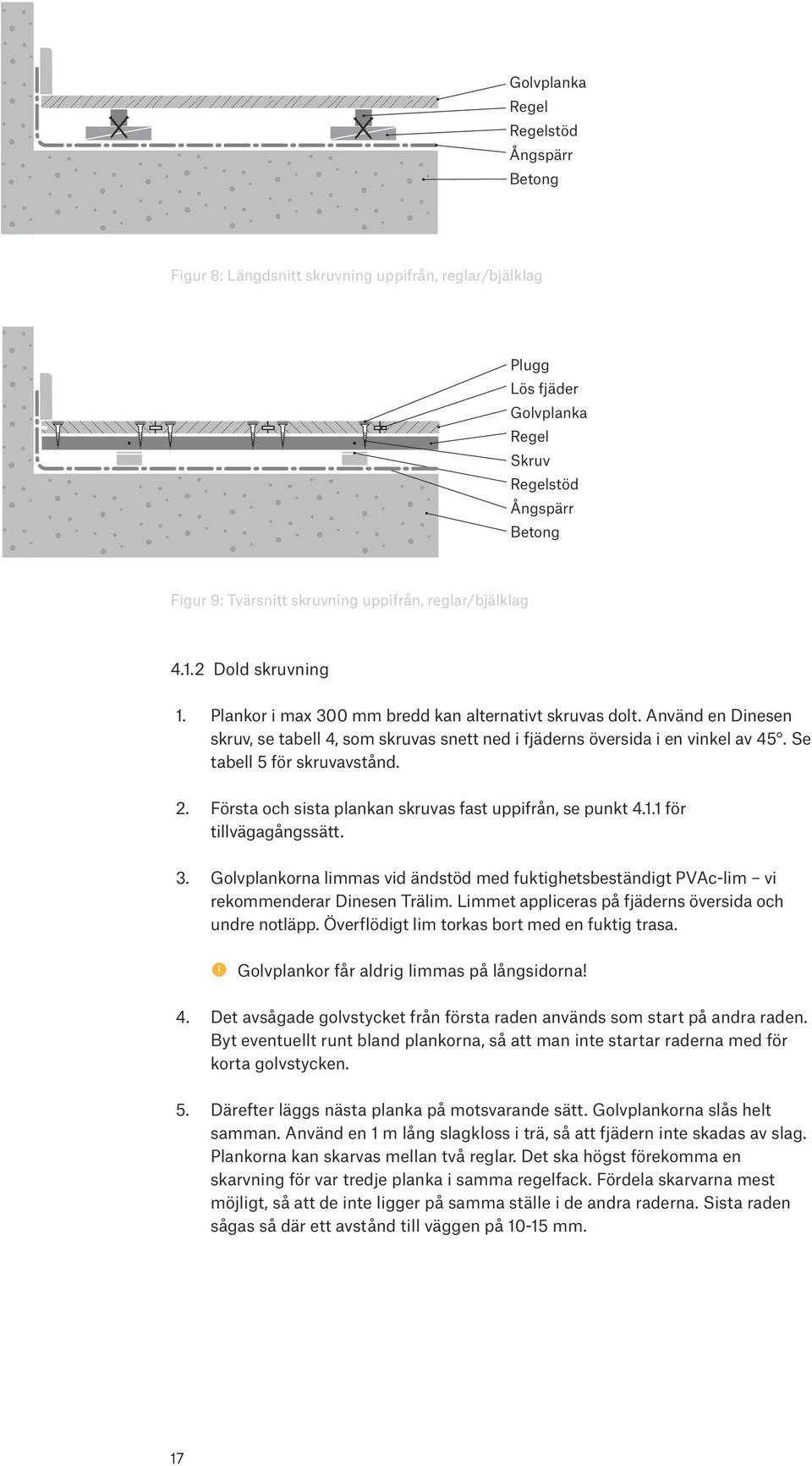 Se tabell 5 för skruvavstånd. 2. Första och sista plankan skruvas fast uppifrån, se punkt 4.1.1 för tillvägagångssätt. 3.