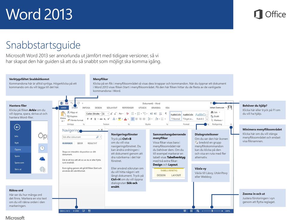 Menyflikar Klicka på en flik i menyfliksområdet så visas dess knappar och kommandon. När du öppnar ett dokument i Word 2013 visas fliken Start i menyfliksområdet.