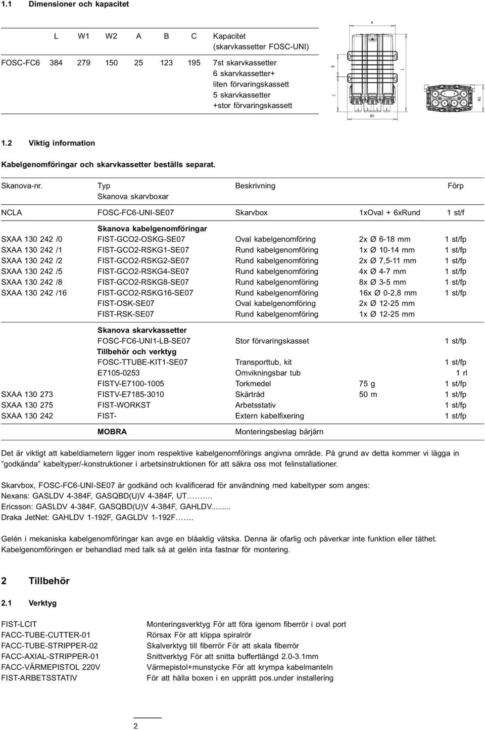Typ Beskrivning Förp Skanova skarvboxar NCLA FOSC-FC6-UNI-SE07 Skarvbox 1xOval + 6xRund 1 st/f Skanova kabelgenomföringar SXAA 130 242 /0 FIST-GCO2-OSKG-SE07 Oval kabelgenomföring 2x Ø 6-18 mm 1