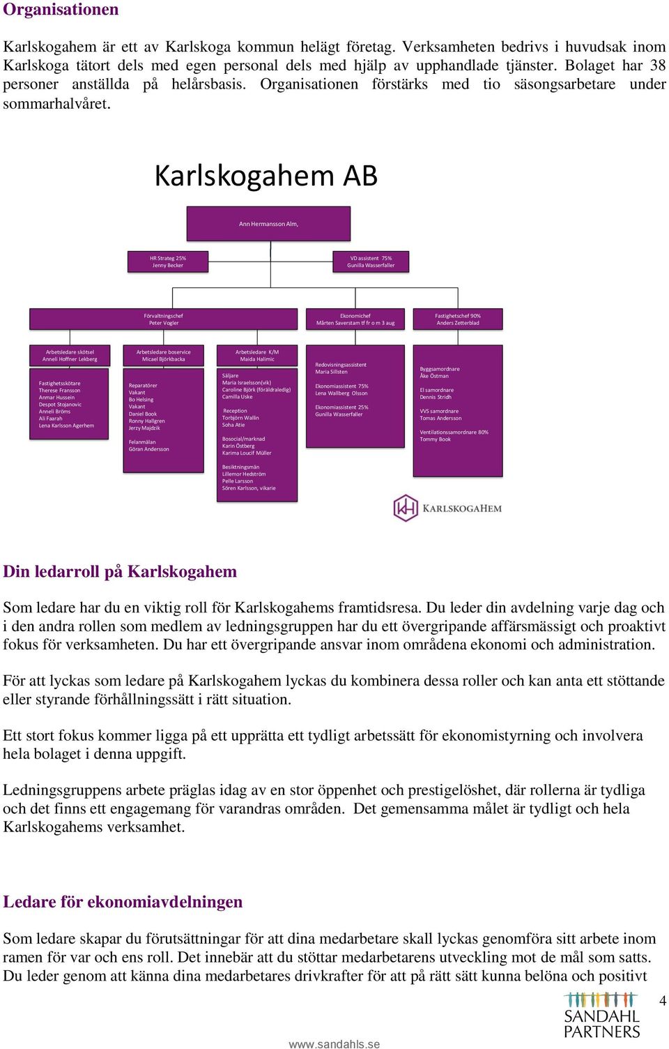 Karlskogahem AB Ann Hermansson Alm, HR Strateg 25% Jenny Becker VD assistent 75% Gunilla Wasserfaller Förvaltningschef Peter Vogler Ekonomichef Mårten Saverstam tf fr o m 3 aug Fastighetschef 90%