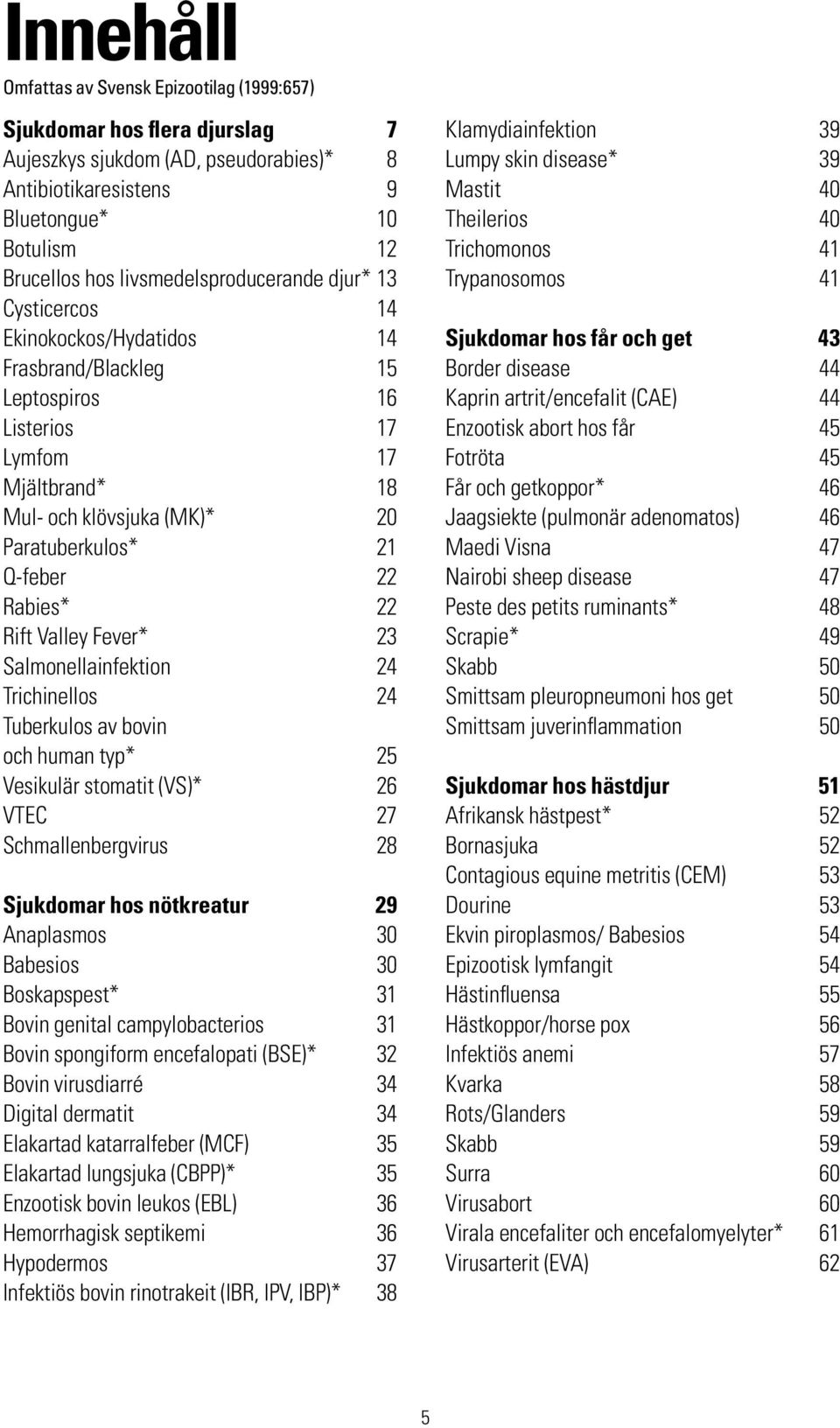 Q-feber 22 Rabies* 22 Rift Valley Fever* 23 Salmonellainfektion 24 Trichinellos 24 Tuberkulos av bovin och human typ* 25 Vesikulär stomatit (VS)* 26 VTEC 27 Schmallenbergvirus 28 Sjukdomar hos