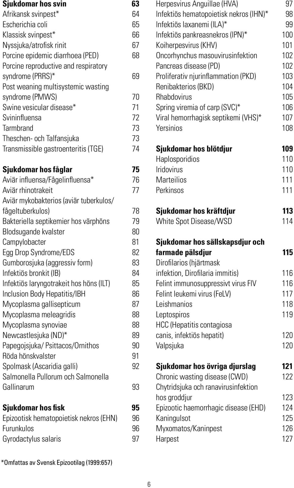 Sjukdomar hos fåglar 75 Aviär influensa/fågelinfluensa* 76 Aviär rhinotrakeit 77 Aviär mykobakterios (aviär tuberkulos/ fågeltuberkulos) 78 Bakteriella septikemier hos värphöns 79 Blodsugande