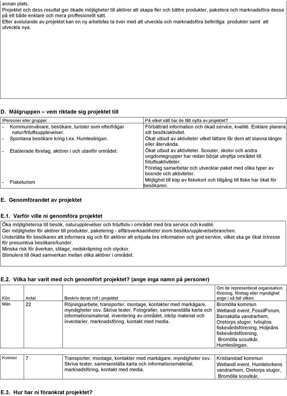 Målgruppen vem riktade sig projektet till IPersoner eller grupper - Kommuninvånare, besökare, turister som efterfrågar natur/friluftsupplevelser. - Spontana besökare kring t.ex. Humleslingan.