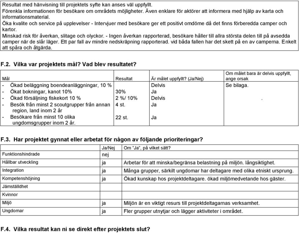 Öka kvalite och service på upplevelser - Intervjuer med besökare ger ett positivt omdöme då det finns förberedda camper och kartor. Minskad risk för åverkan, slitage och olyckor.