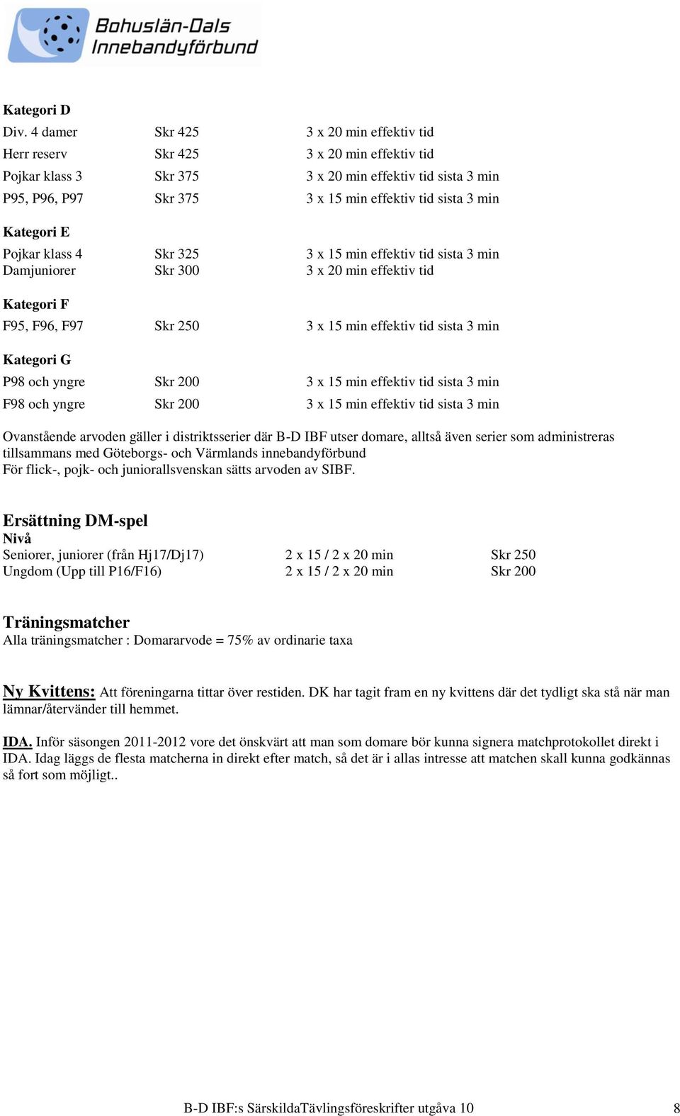 min Kategori E Pojkar klass 4 Skr 325 3 x 15 min effektiv tid sista 3 min Damjuniorer Skr 300 3 x 20 min effektiv tid Kategori F F95, F96, F97 Skr 250 3 x 15 min effektiv tid sista 3 min Kategori G