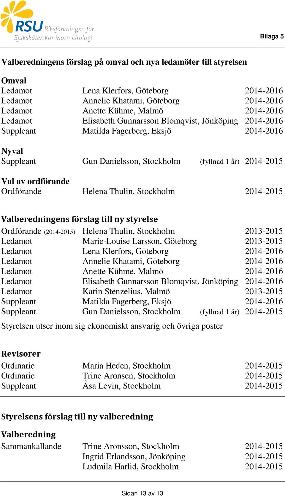 Ordförande Helena Thulin, Stockholm 2014-2015 Valberedningens förslag till ny styrelse Ordförande (2014-2015) Helena Thulin, Stockholm 2013-2015 Ledamot Marie-Louise Larsson, Göteborg 2013-2015