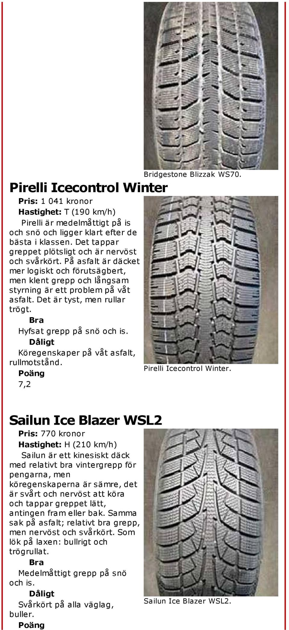 Köregenskaper på våt asfalt, rullmotstånd. 7,2 Bridgestone Blizzak WS70. Pirelli Icecontrol Winter.