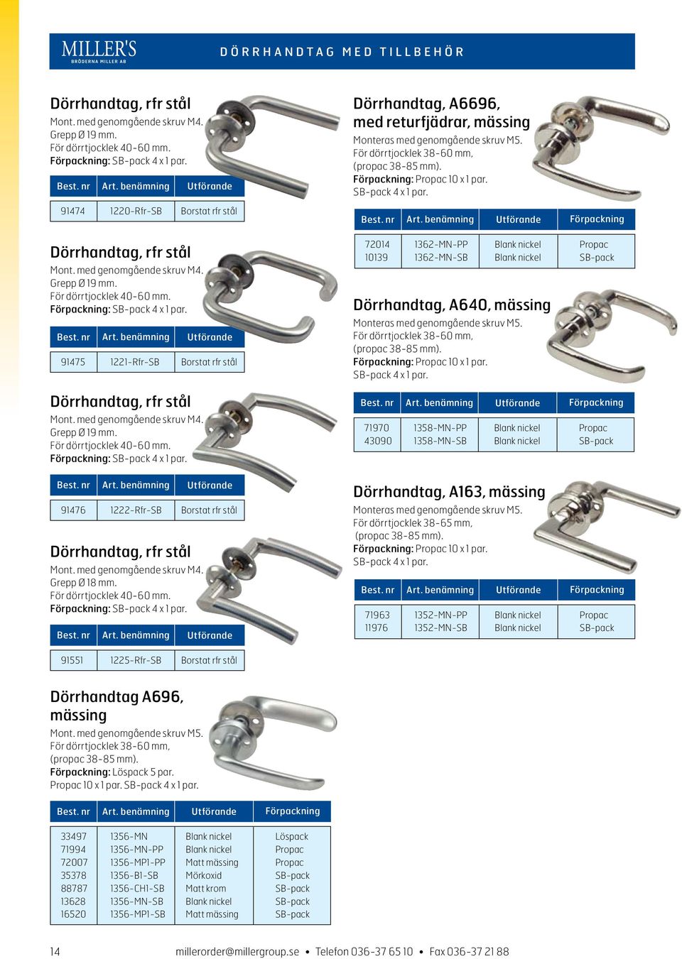 SB-pack 4 x 1 par. Förpackning Dörrhandtag, rfr stål Mont. med genomgående skruv M4. Grepp Ø 19 mm. För dörrtjocklek 40-60 mm. Förpackning: SB-pack 4 x 1 par.