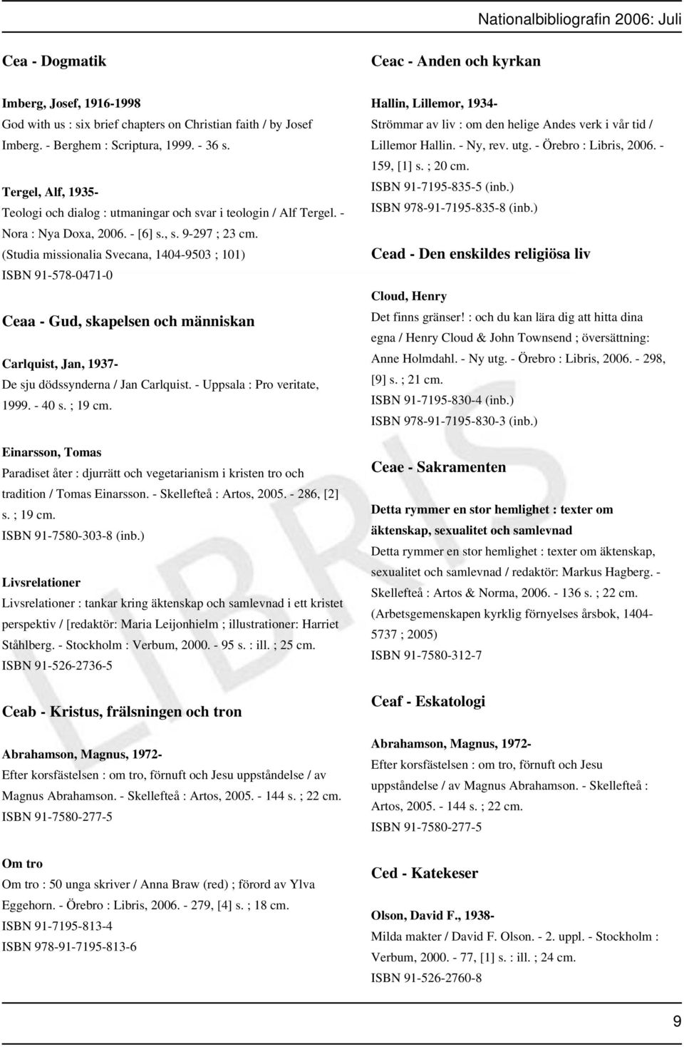 (Studia missionalia Svecana, 1404-9503 ; 101) ISBN 91-578-0471-0 Ceaa - Gud, skapelsen och människan Carlquist, Jan, 1937- De sju dödssynderna / Jan Carlquist. - Uppsala : Pro veritate, 1999. - 40 s.
