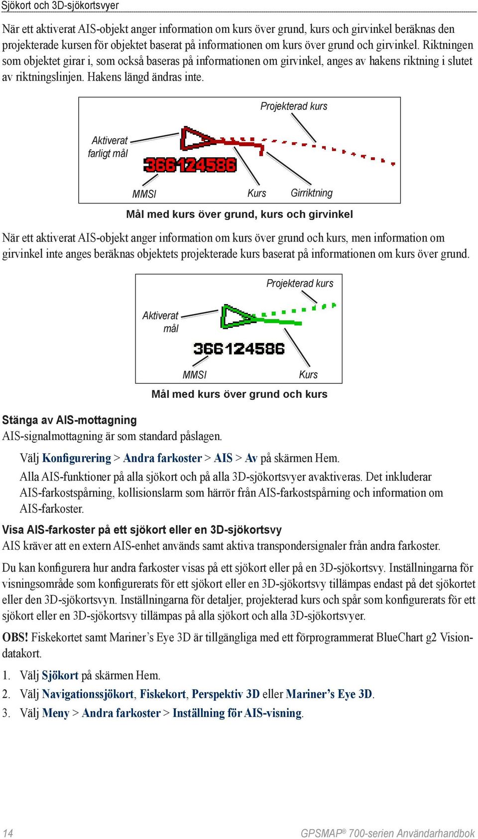 Projekterad kurs Aktiverat farligt mål MMSI Kurs Girriktning Mål med kurs över grund, kurs och girvinkel När ett aktiverat AIS-objekt anger information om kurs över grund och kurs, men information om