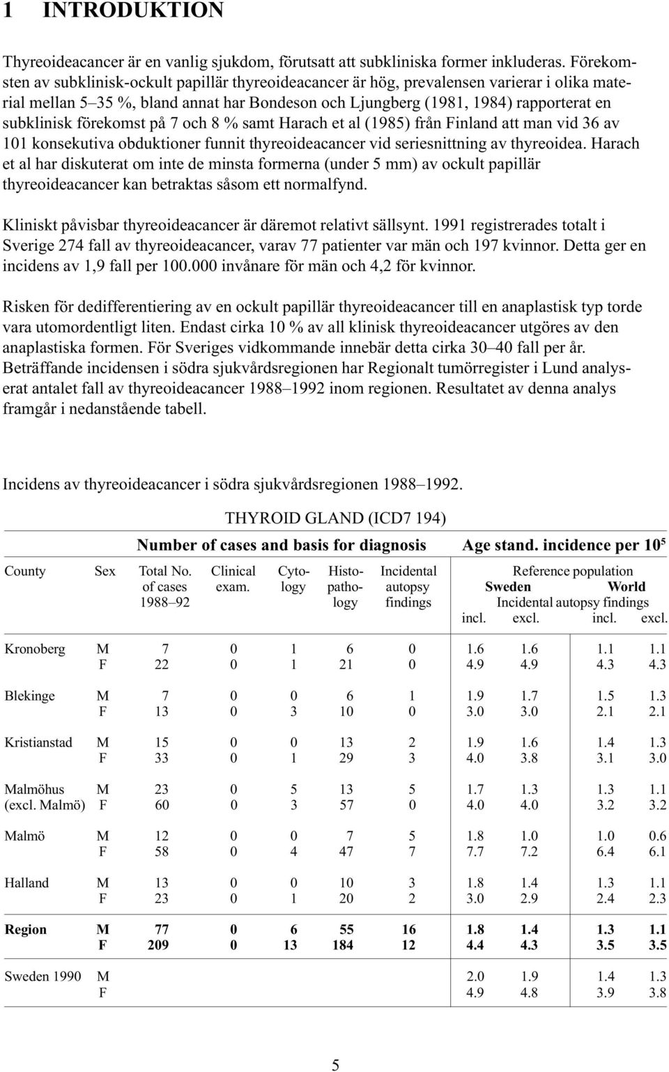 förekomst på 7 och 8 % samt Harach et al (1985) från Finland att man vid 36 av 101 konsekutiva obduktioner funnit thyreoideacancer vid seriesnittning av thyreoidea.