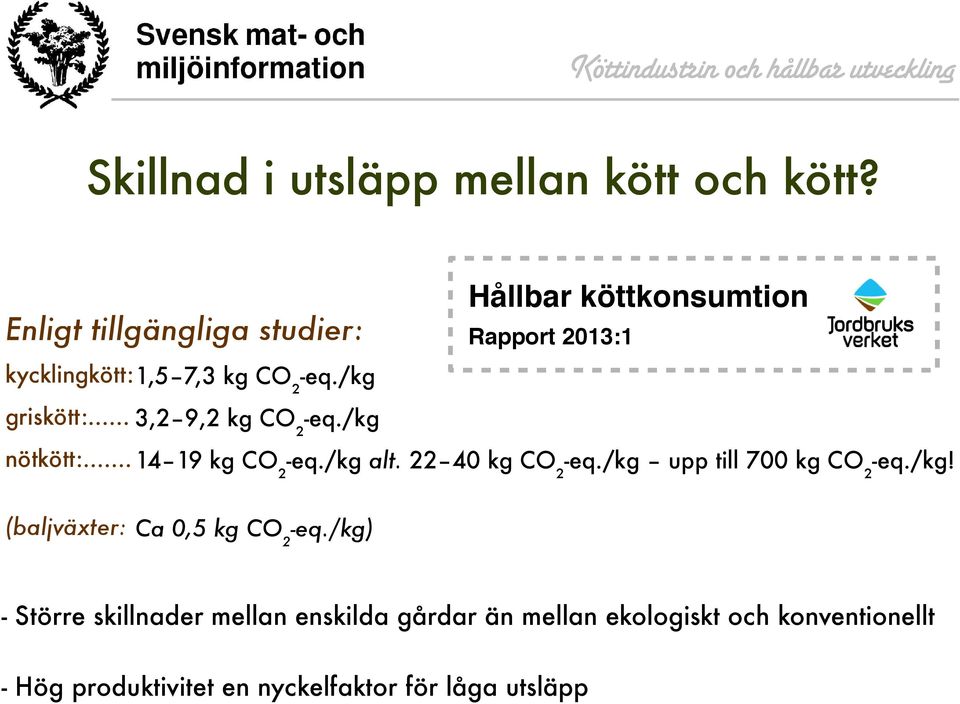 /kg griskött:... 3,2 9,2 kg CO2-eq./kg nötkött:... 14 19 kg CO2-eq./kg alt. 22 40 kg CO2-eq.