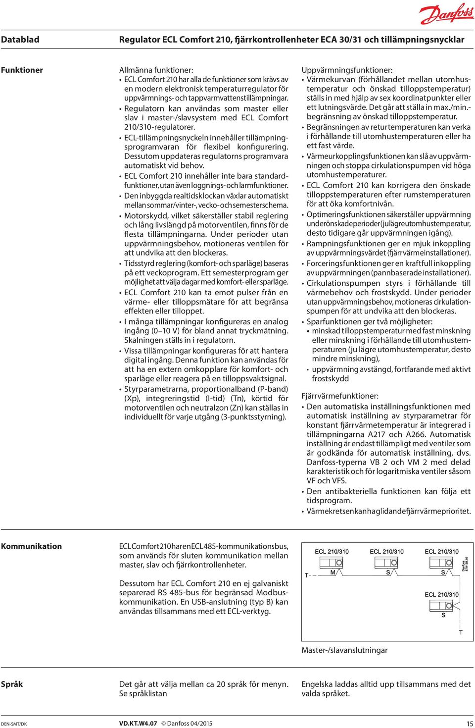 Dessutom uppdateras regulatorns programvara automatiskt vid behov. ECL Comfort 210 innehåller inte bara standardfunktioner, utan även loggnings- och larmfunktioner.