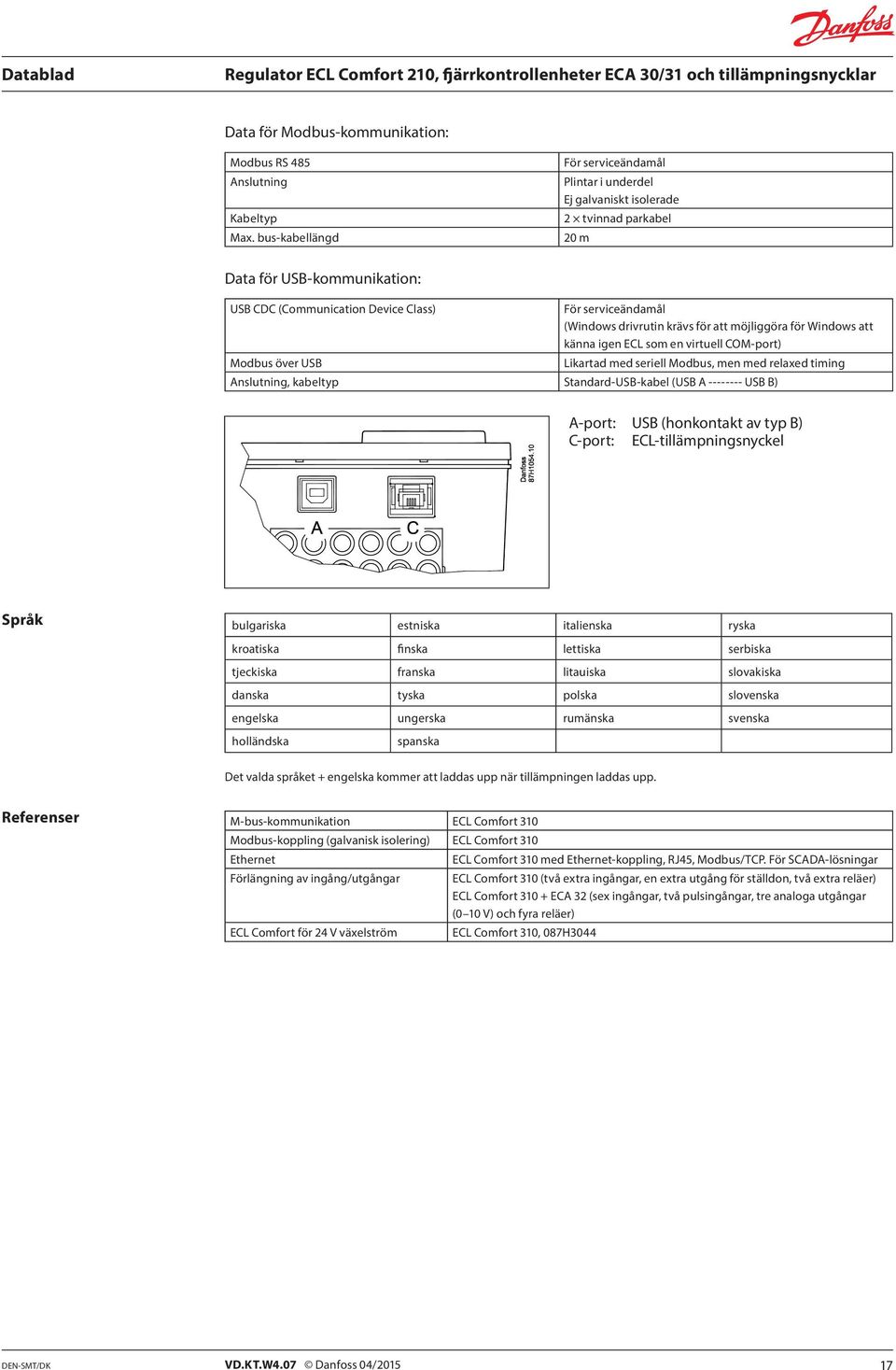 serviceändamål (Windows drivrutin krävs för att möjliggöra för Windows att känna igen ECL som en virtuell COM-port) Likartad med seriell Modbus, men med relaxed timing Anslutning, kabeltyp