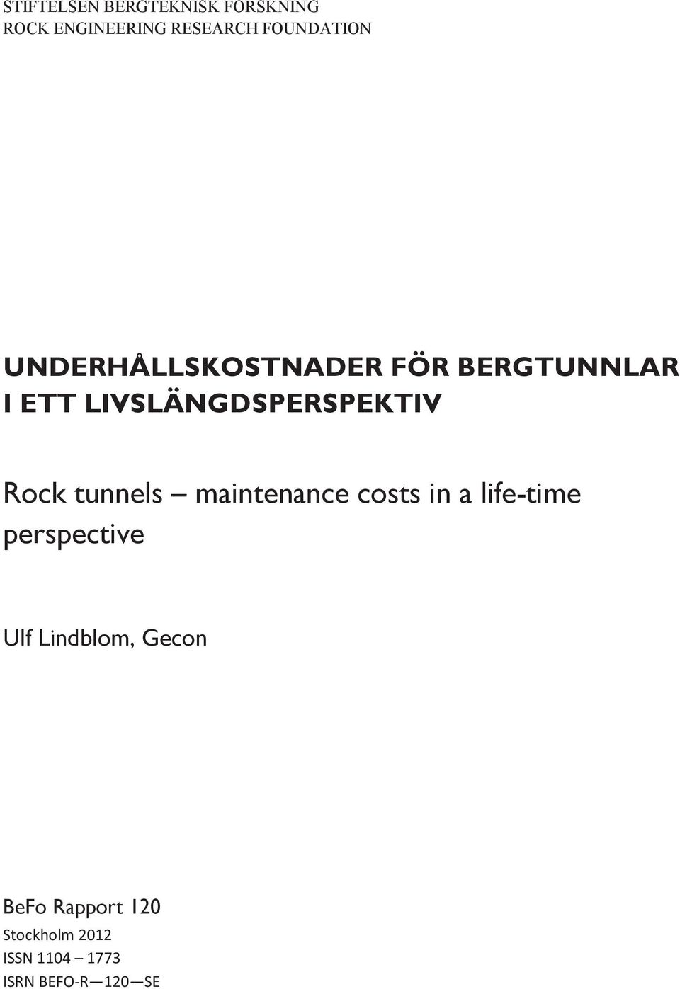 LIVSLÄNGDSPERSPEKTIV Rock tunnels maintenance costs in a