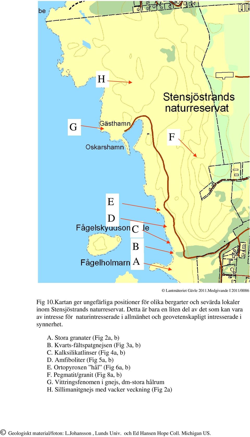 Stora granater (Fig 2a, b) B. Kvarts-fältspatgnejsen (Fig 3a, b) C. Kalksilikatlinser (Fig 4a, b) D. Amfiboliter (Fig 5a, b) E.