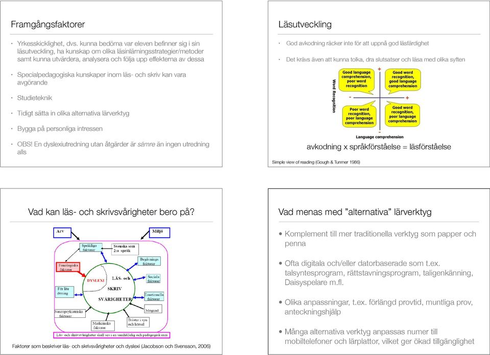 avkodning räcker inte för att uppnå god läsfärdighet Det krävs även att kunna tolka, dra slutsatser och läsa med olika syften Specialpedagogiska kunskaper inom läs- och skriv kan vara avgörande
