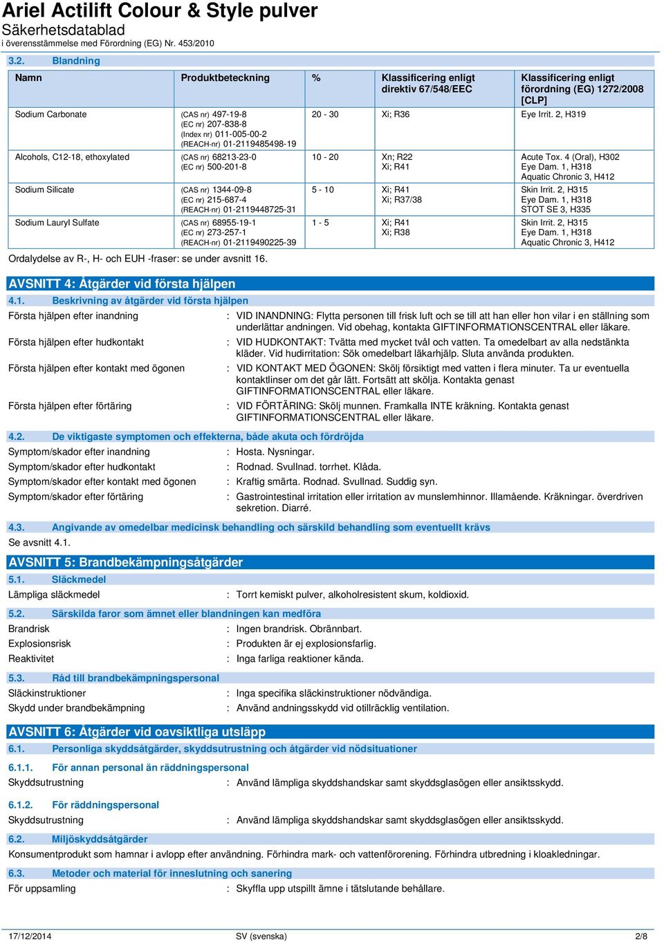 (REACH-nr) 01-2119490225-39 Ordalydelse av R-, H- och EUH -fraser: se under avsnitt 16. Klassificering enligt förordning (EG) 1272/2008 [CLP] 20-30 Xi; R36 Eye Irrit.
