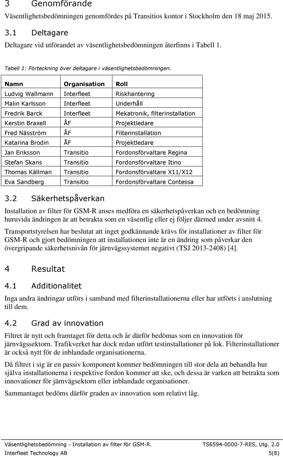 Namn Organisation Roll Ludvig Wallmann Interfleet Riskhantering Malin Karlsson Interfleet Underhåll Fredrik Barck Interfleet Mekatronik, filterinstallation Kerstin Braxell ÅF Projektledare Fred