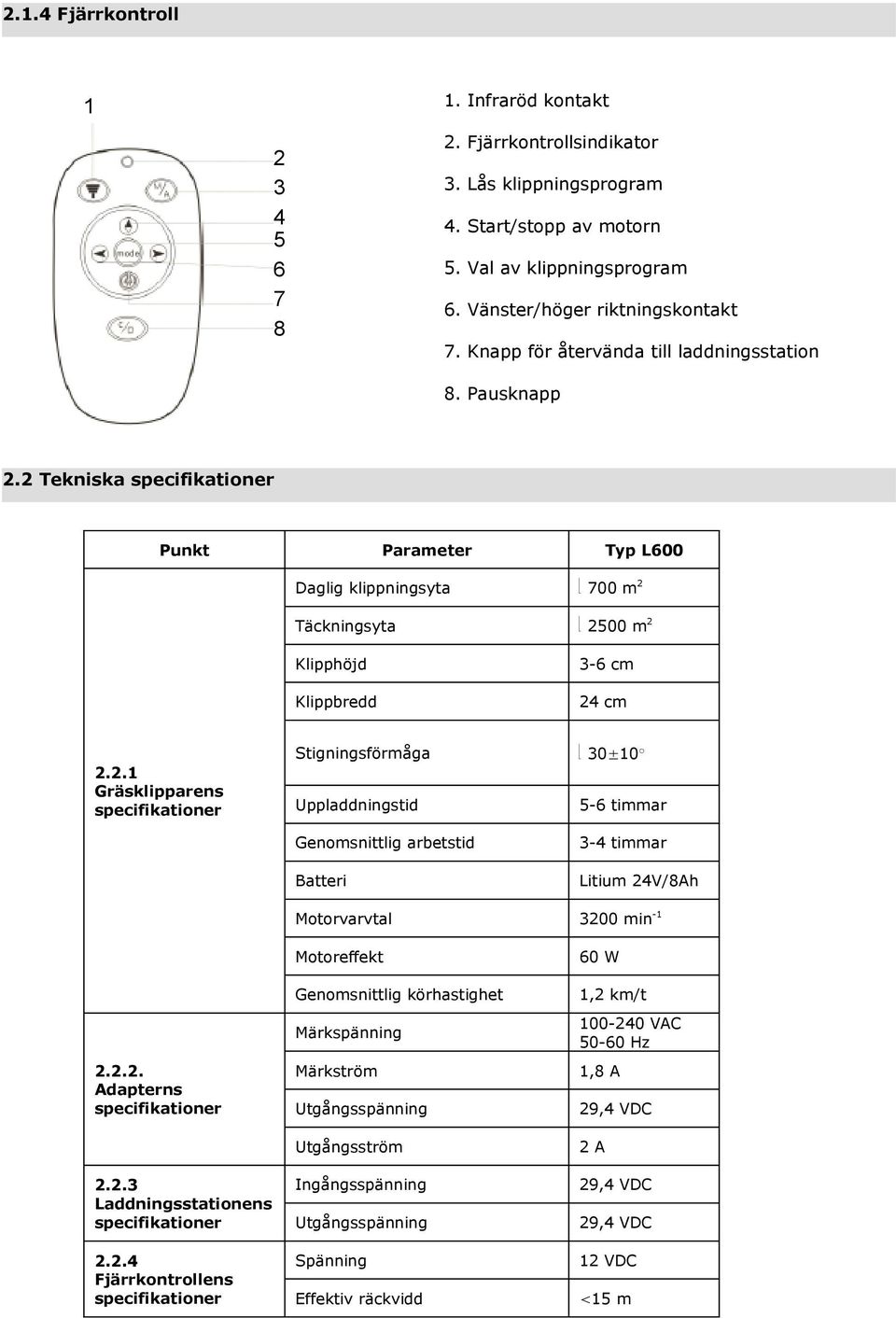 2 Tekniska specifikationer Punkt Parameter Typ L600 Daglig klippningsyta 700 m 2 Täckningsyta 2500 m 2 Klipphöjd Klippbredd 3-6 cm 24 cm 2.2.1 Gräsklipparens specifikationer Stigningsförmåga 30±10 Uppladdningstid 5-6 timmar Genomsnittlig arbetstid Batteri 3-4 timmar Litium 24V/8Ah Motorvarvtal 3200 min -1 2.