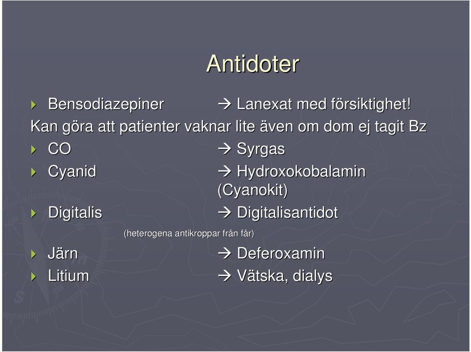 Syrgas Cyanid Hydroxokobalamin (Cyanokit) Digitalis Järn Litium